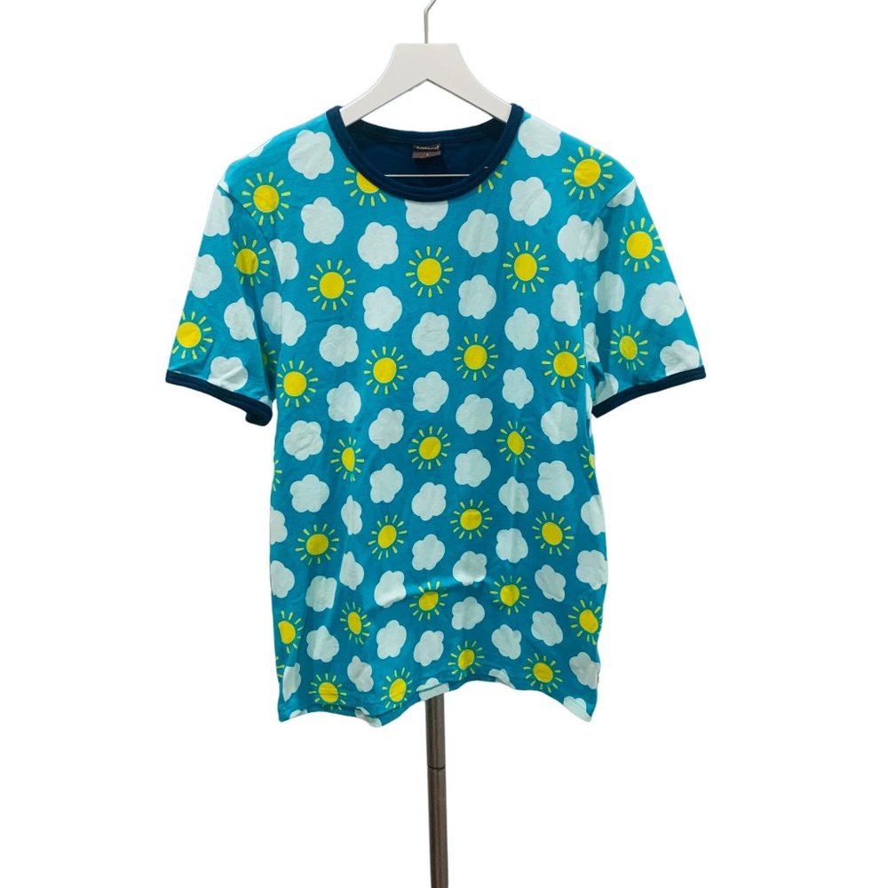 Maxomorra Blue Clouds And Suns All Over Print Ribbed T-Shirt Size Small